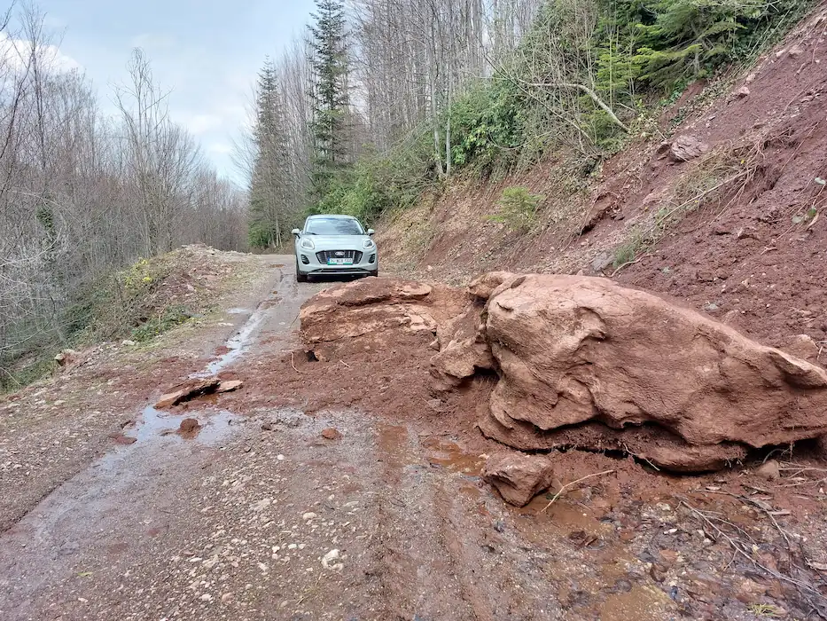 car blocked by a fallen rock